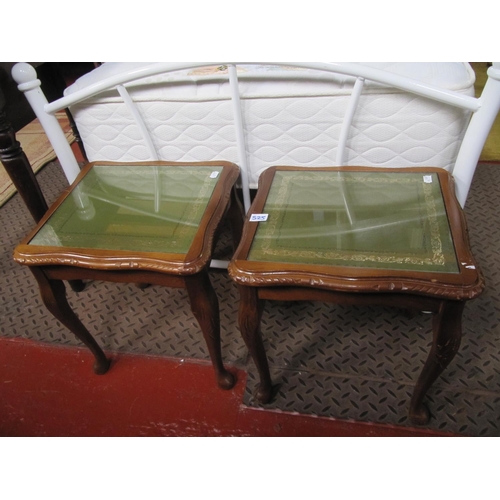 525 - Pair of Small Square Tables with Green Leather & Glass Inlays.