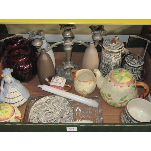 53 - Box to Include Brentley Tea Pot & Jug, Plated Candelabra, Vase etc.