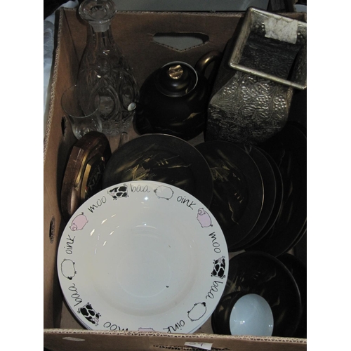 54 - Box to Include Metal Vase, Bowls, Part Tea Set etc.