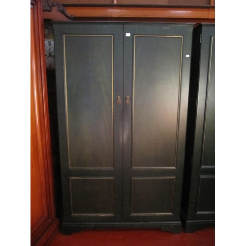 542 - Stag Style Dark Green & Gilt Trimmed Gents Double Wardrobe with Inner Glazed Shelves.