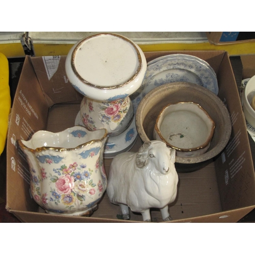 55 - Box to Include Jardiniere with Stand, Ram Figure (a/f), Plates etc.