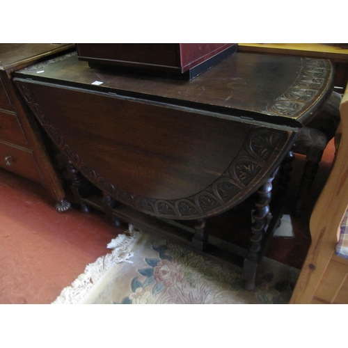 604 - Oak Barley Twist Legged Drop Leaf Table with Carved Decorative Boarder to Table Top.