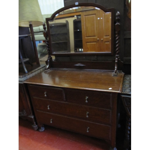 605 - Oak 2 Over 2 Drawer Dressing Table with Barley Twist Ends and Large Mirror.