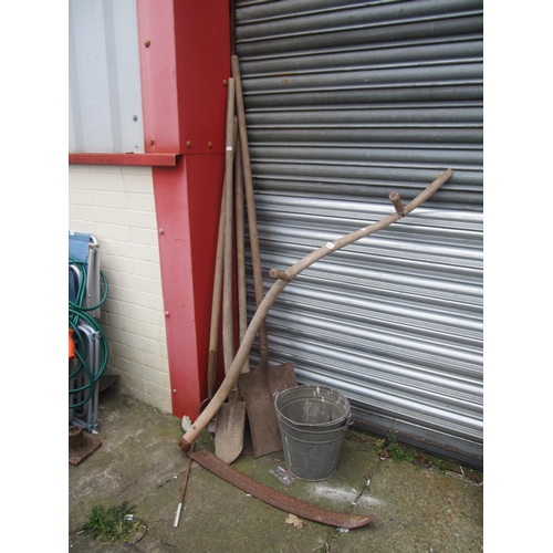 646 - Quantity of Long Handled Garden Tools to Include Scythe & Two Metal Fire Buckets.