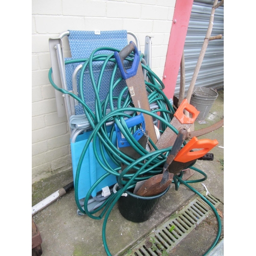 656 - Three Folding Patio Chairs, Quantity of Hose Pipe & Bucket of Tools.