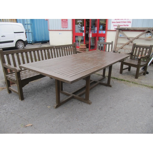 660 - Very Large Wooden Garden Table (Approx 2.4m x 1m) with 6 Person Bench, Two Arm Chairs & Matching Fol... 