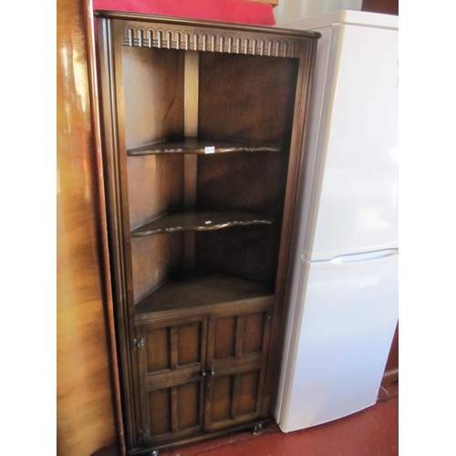 675 - Oak Corner Cabinet with Shelves over Double Cupboard.