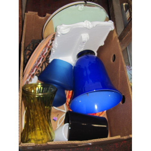 81 - Box of Vases, Plates, Mirror, Blue Glass Table Lamp etc.