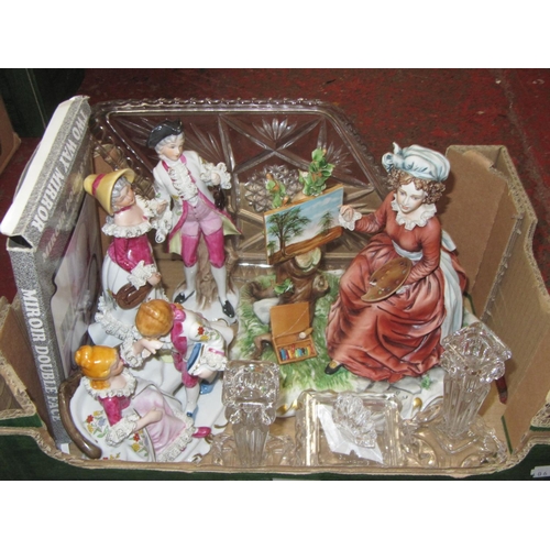 83 - Box to Include Boxed Mirror, Three Continental Figures, Capodimonte 