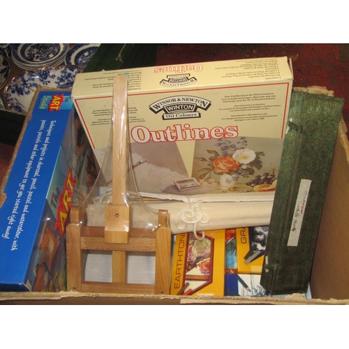 84 - Box of Artist Accessories Including Miniature Easel, Oil Colours etc.