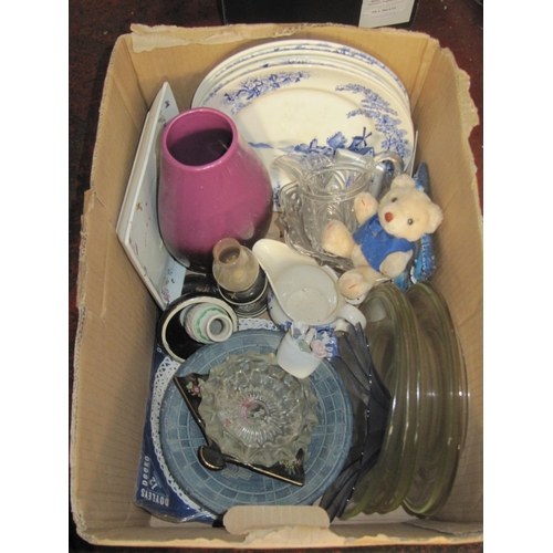 87 - Box to Include Blue & White Plates, Jug, Glass Ware etc.