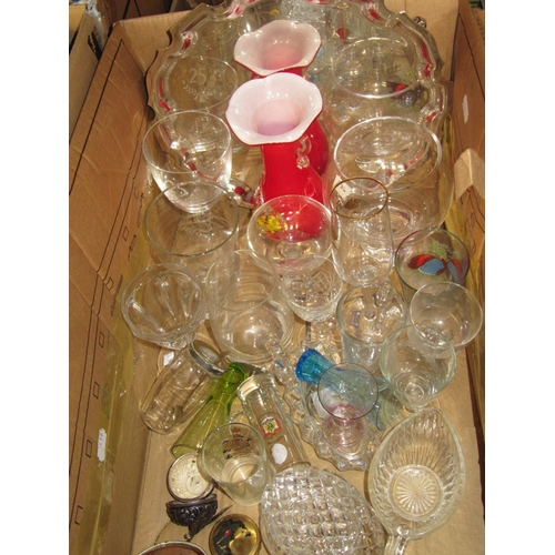 90 - Box of Assorted Glass Ware, Plated Tray & Red Glass Vase.