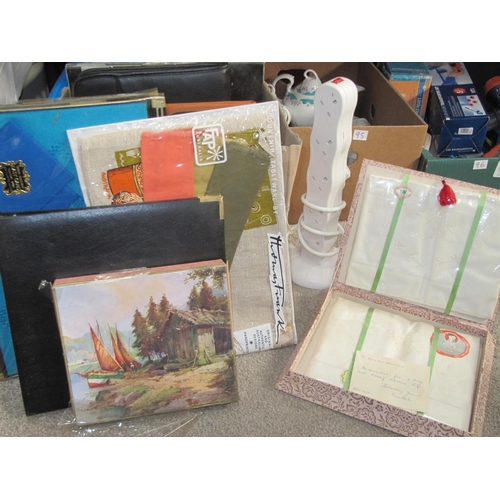 93 - Box to Include Linen, Hip Flask, Folders, Scrap Books etc.