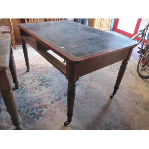 545 - Large 2 Drawer Mahogany Leather Inlaid Topped Desk - Drawers Missing some marks to top.