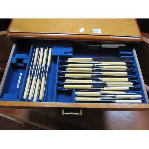 550 - Oak Three Drawer Canteen Box of Assorted Cutlery.