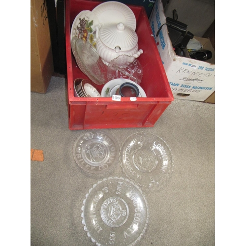 100 - Box of Commemorative Glass Plates, Soup Tureen with Lid & Ladle etc.