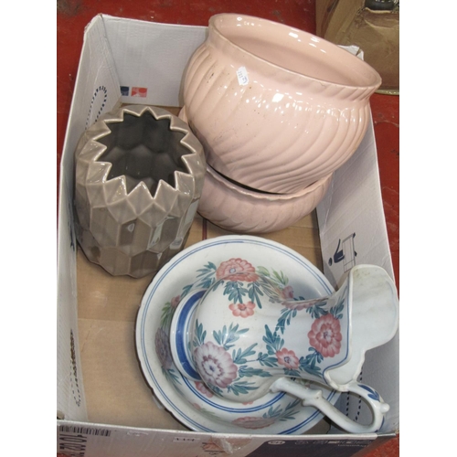 119 - Box to Include Two Jardinieres, Large Vase & Jug & Bowl Set.