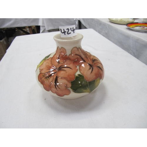 424 - Moorcroft Cream Ground Hibiscus Squat Vase with Walter Moorcroft Initials & Impressed Marks to Base.