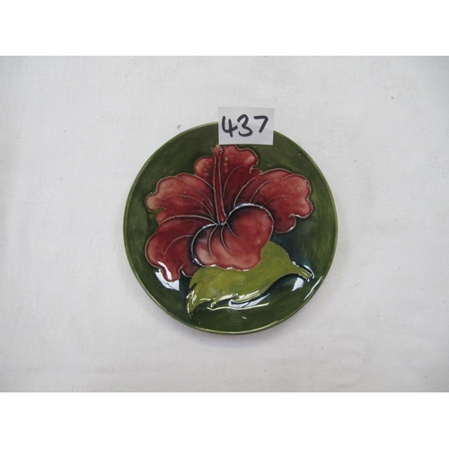 437 - Moorcroft Green Ground Hibiscus Pin Dish with Original Moorcroft Label & Paper Label & Impressed Mar... 