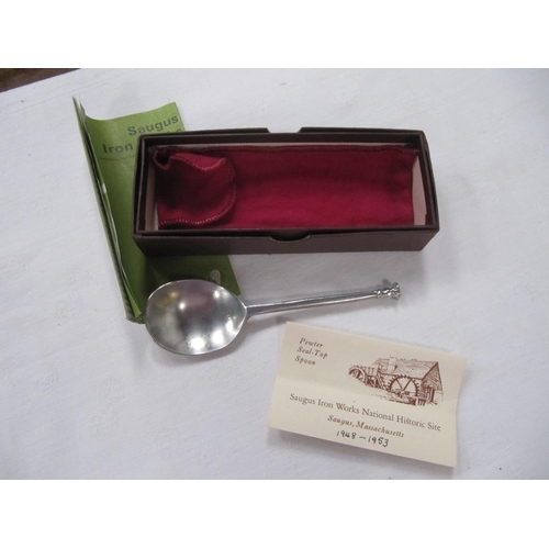 447 - Boxed Saugus Ironworks Pewter Seal-Top Spoon with Certificate.