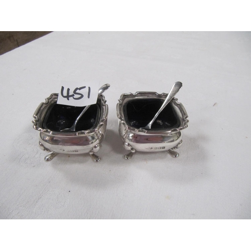 451 - Pair of Hallmarked Silver Salts with Blue Glass Inserts and Two Spoons.