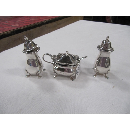457 - Hallmarked Silver Three Piece Cruet Set with original Blue Glass Liner & Spoon.