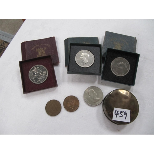 459 - Quantity of Boxed Festival of Britain Coins, Other Coins & Brass Pill Box.
