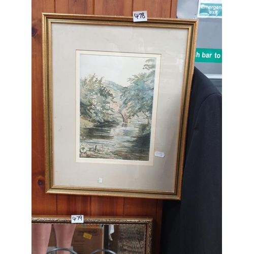478 - Framed Bridge & River Scene Watercolour.