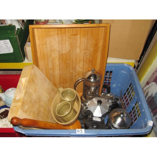 63 - Basket of Kitchen Accessories, Coffee Pots, Chopping Board etc.