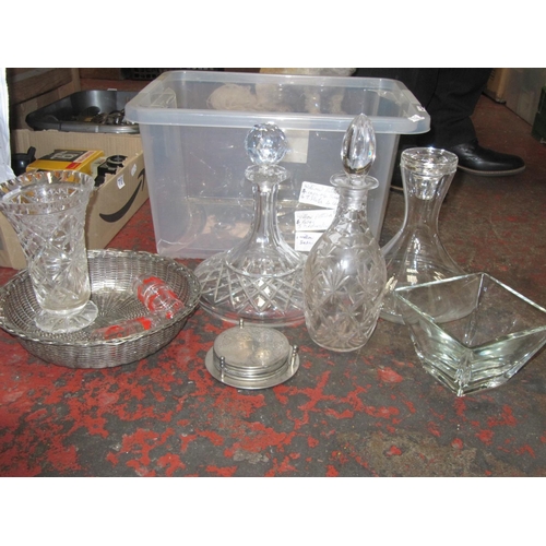 77 - Box of Cut Glass Decanters, Vases & Plated Basket.