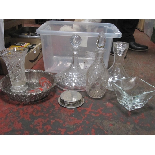 77 - Box of Cut Glass Decanters, Vases & Plated Basket.