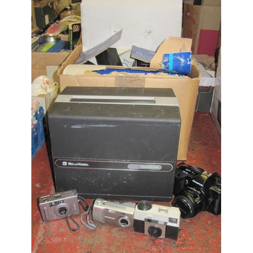 87 - Box of Cameras to Include Olympus OM101, Olympus Camedia d-540 Zoom Digital Camera, Kodak Instamatic... 