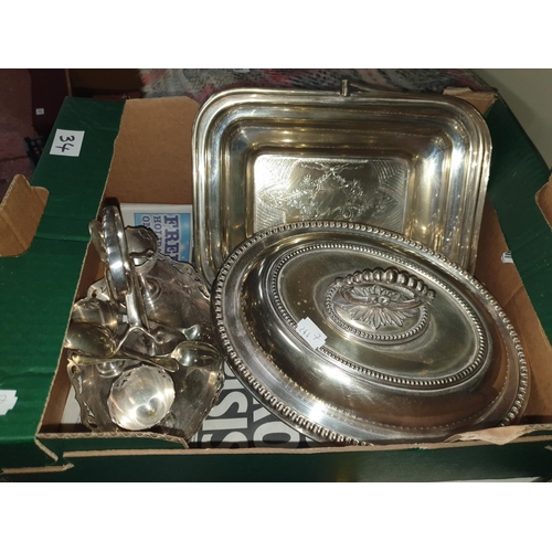 34 - Plated Tureen, Serving Dish, Egg Cup & Spoons on Stand & Boxed Coronation Spoons.