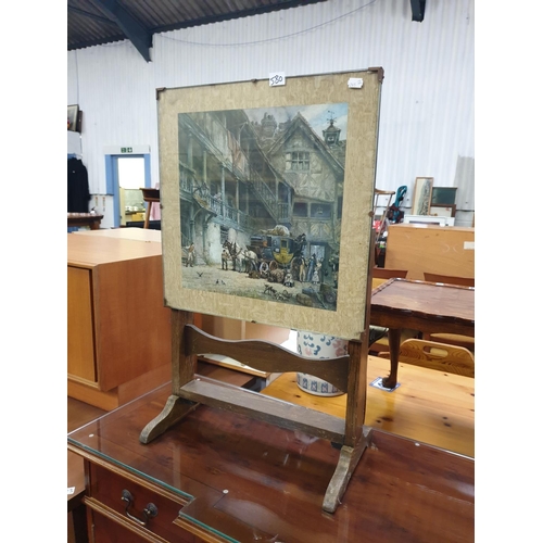 580 - Vintage Oak Small Tilt Top Table with Stagecoach Print Inlay.