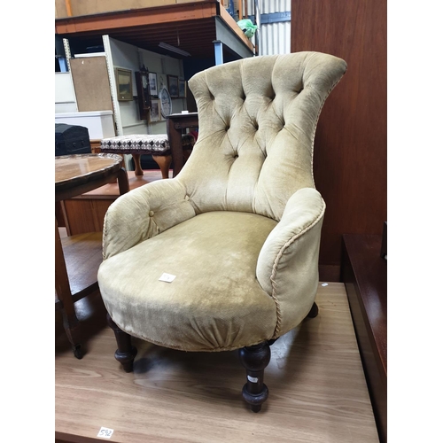 590 - Vintage Button Back Upholstered Nursing Chair on Mahogany Legs.