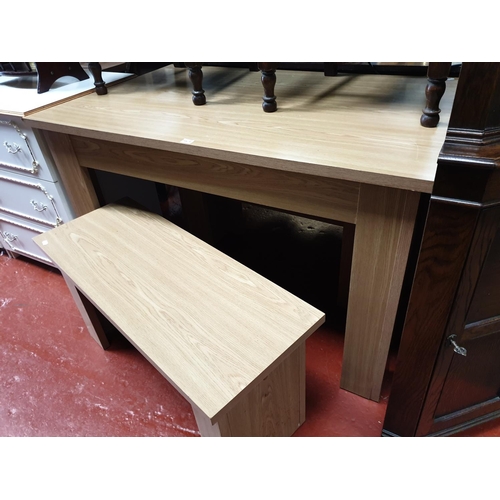 592 - Modern Oak Effect Kitchen Table and Two Benches.