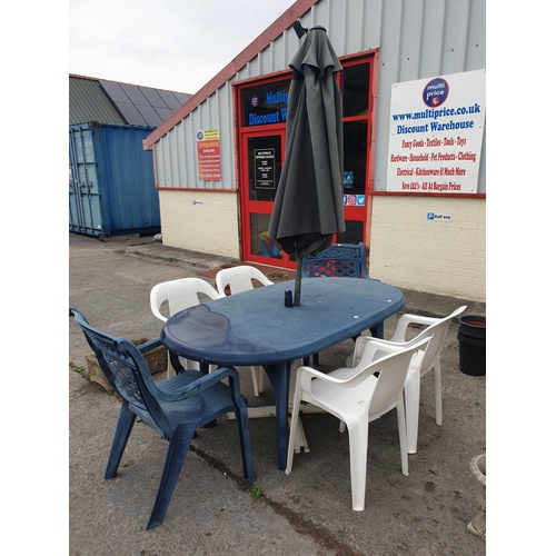 693 - Garden Patio Table, 2 Carver Chairs, Four Other Chairs, Umbrella and Stand.