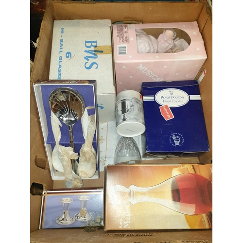 11 - Box to Include New Boxed Decanter, Plated Ware Doll, Boxed Cutlery, Glasses etc.