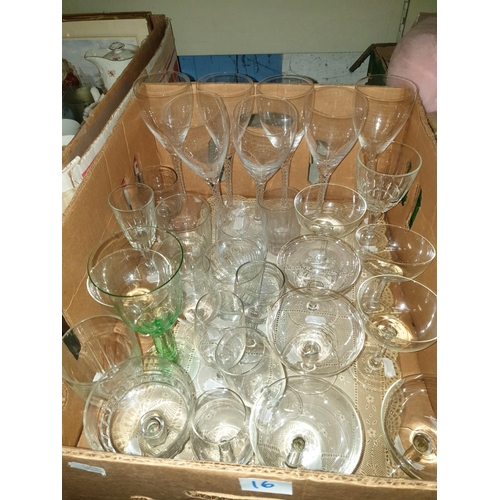 16 - Box of Glasses to Include Set of Seven Twisted Stem Glasses, Set of Six Champagne Glasses plus two w... 