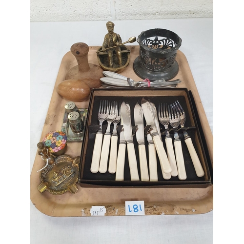 181 - Tray to Include Brass Coracle, Boxed Fish Knives & Forks, Other Brass Ware etc.