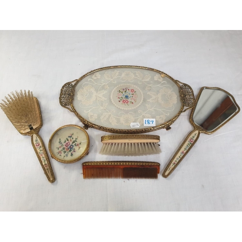 187 - 5 Piece Vintage Brass & Glass Dressing Table Set on Matching Tray.