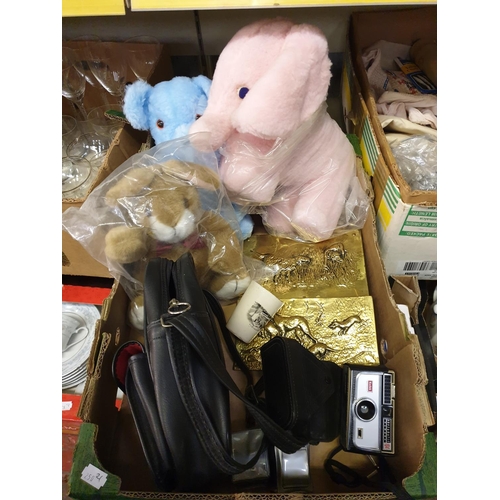 19 - Box of Teddies, Brass Plaques, Kodak Instamatic 104 Camera & Accessories etc.