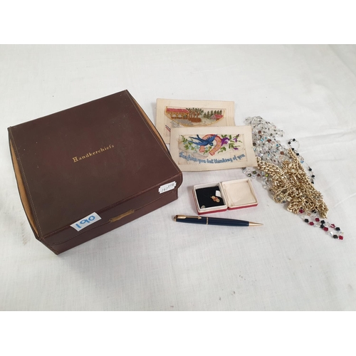 190 - Vintage Leather Handkerchief Box & Selection of Pens etc.