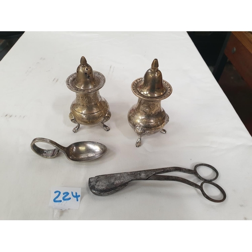 224 - Antique Candle Wick Trimmer, Pair of Plated Salt & Pepper Pots & Caddy Spoon.