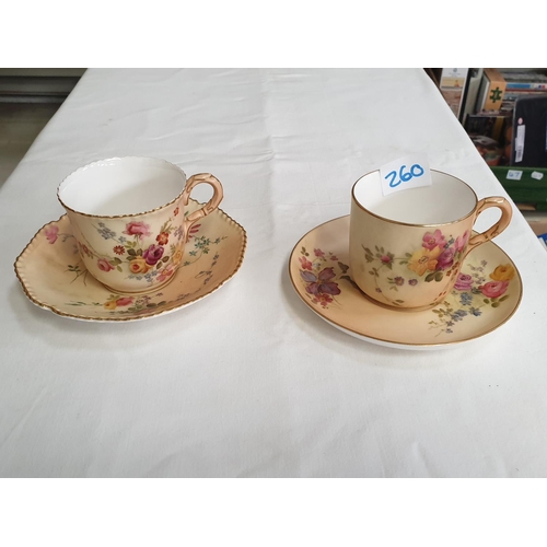 260 - Two Royal Worcester Blush Ivory Cups & Saucers.