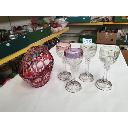 273 - Ruby & White Cut Glass Basket & Four Glasses with Coloured Rims & White Metal Stands/Bases.