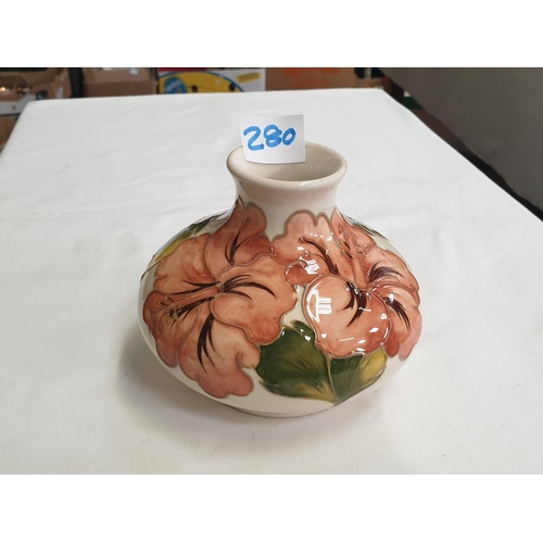 280 - Moorcroft Cream Ground Hibiscus Squat Vase with Walter Moorcroft Initials & Impressed Marks to Base.