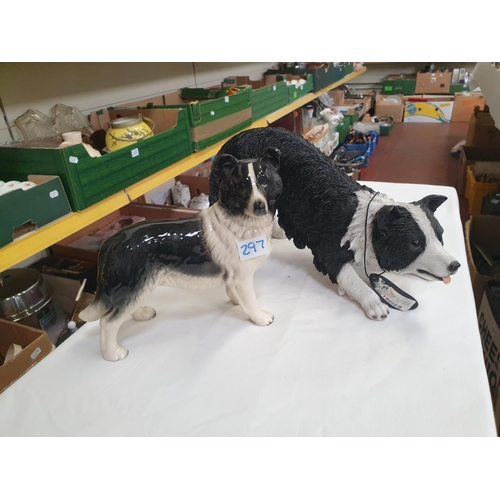 297 - Two Black & White Sheepdog Figures - Once ceramic, one resin molded.