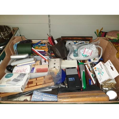 32 - Box to Include Travel Iron, Cribbage Board, Ink Stamps, etc.