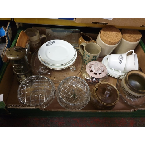 35 - Box of Pottery Items, Mugs, Rose Bowls, Musical Miners Lamp etc.